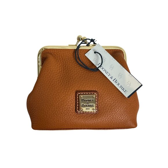 Dooney Bourke Kiss Lock Large Framed Pebbled Leather Coin Purse Camel Brown NEW - Picture 1 of 9